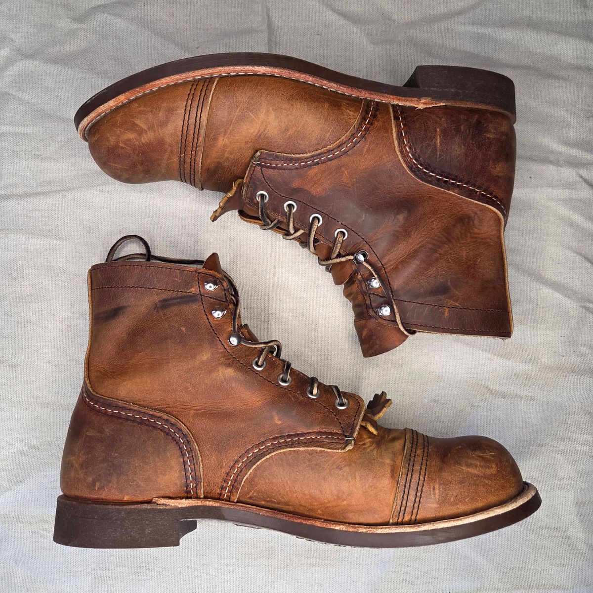 Photo by curtisheinze on December 1, 2025 of the Red Wing Iron Ranger in S.B. Foot Copper Rough and Tough & Horween Orange Predator.