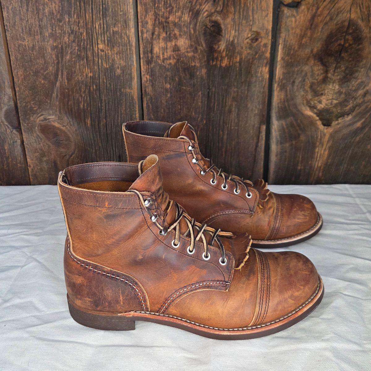 Photo by curtisheinze on December 1, 2025 of the Red Wing Iron Ranger in S.B. Foot Copper Rough and Tough & Horween Orange Predator.