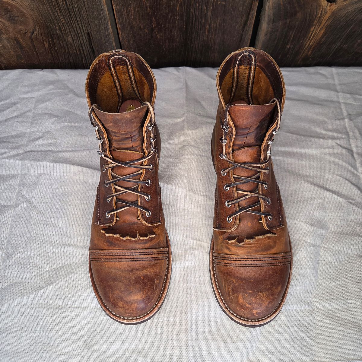 Photo by curtisheinze on December 1, 2025 of the Red Wing Iron Ranger in S.B. Foot Copper Rough and Tough & Horween Orange Predator.