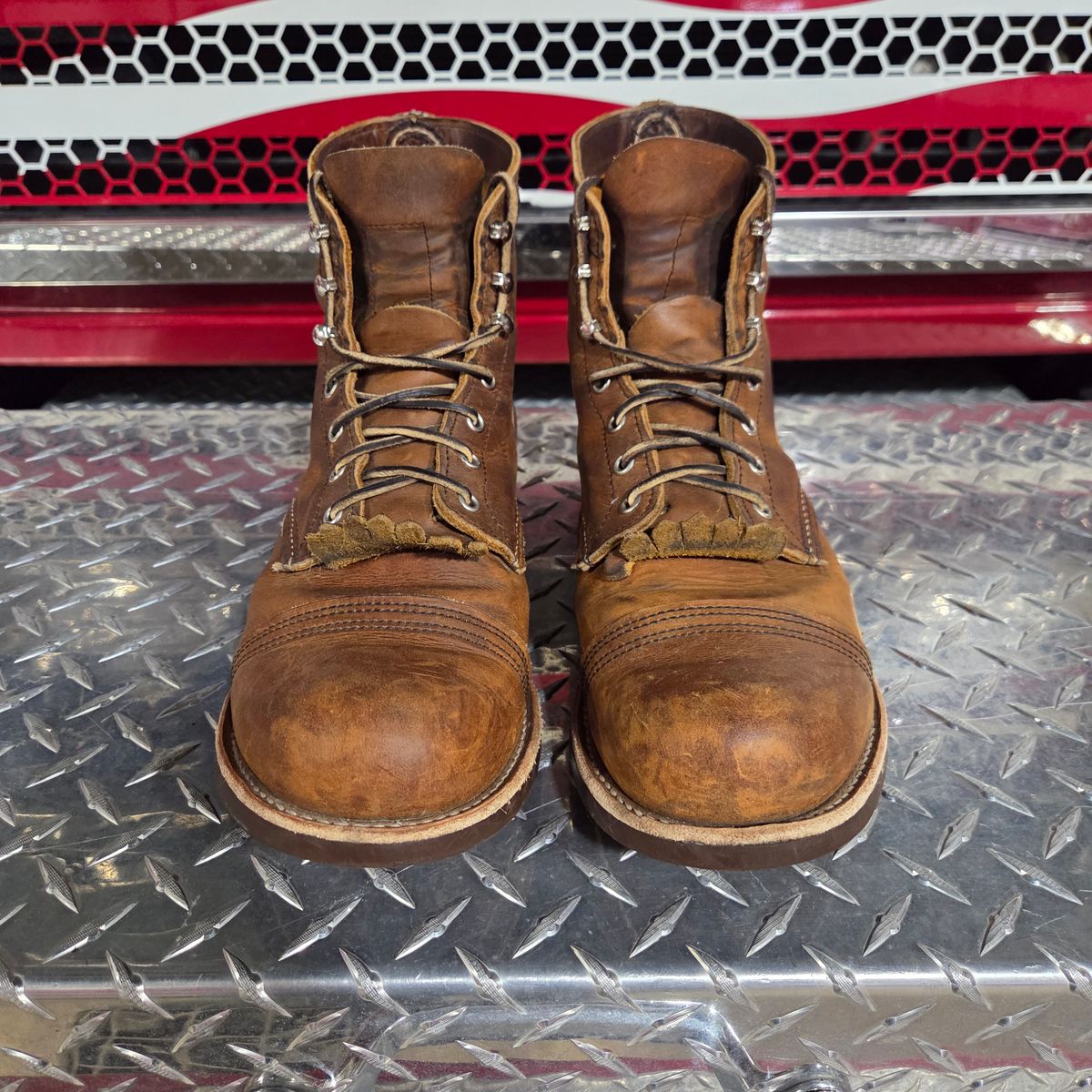 Photo by curtisheinze on January 3, 2026 of the Red Wing Iron Ranger in S.B. Foot Copper Rough and Tough & Horween Orange Predator.