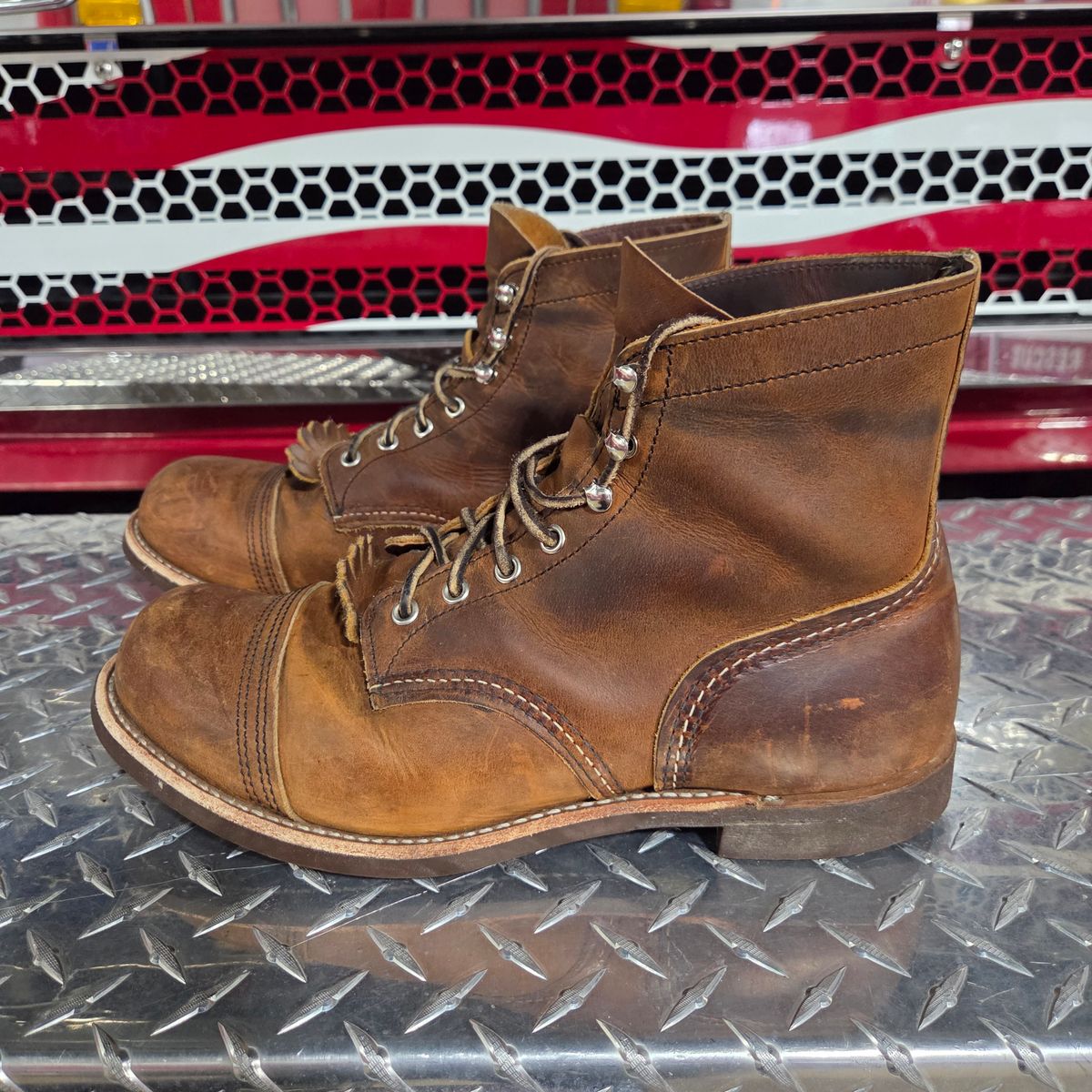 Photo by curtisheinze on January 3, 2026 of the Red Wing Iron Ranger in S.B. Foot Copper Rough and Tough & Horween Orange Predator.