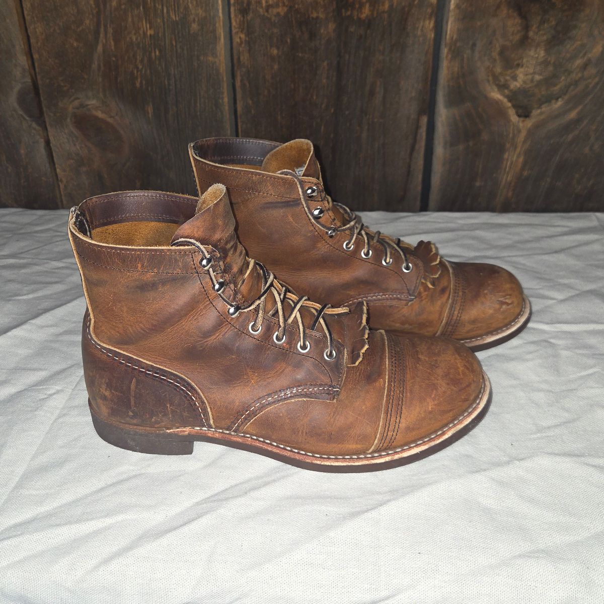 Photo by curtisheinze on February 5, 2026 of the Red Wing Iron Ranger in S.B. Foot Copper Rough and Tough & Horween Orange Predator.