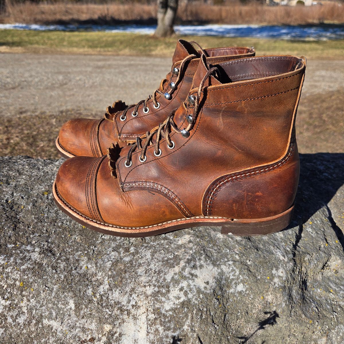 Photo by curtisheinze on March 2, 2026 of the Red Wing Iron Ranger in S.B. Foot Copper Rough and Tough & Horween Orange Predator.