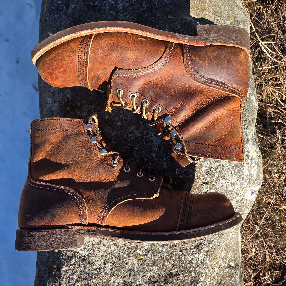 Photo by curtisheinze on March 2, 2026 of the Red Wing Iron Ranger in S.B. Foot Copper Rough and Tough & Horween Orange Predator.