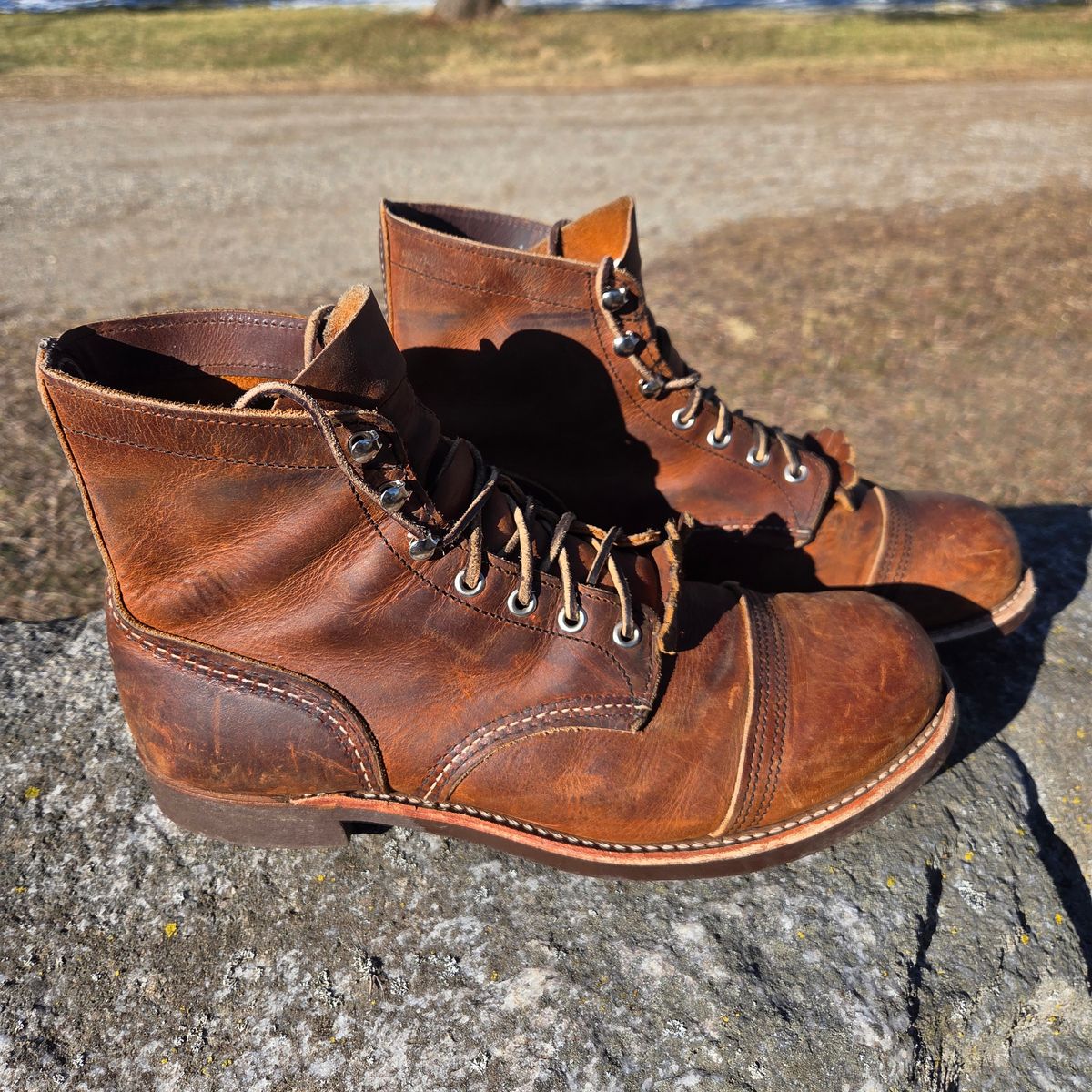 Photo by curtisheinze on March 2, 2026 of the Red Wing Iron Ranger in S.B. Foot Copper Rough and Tough & Horween Orange Predator.