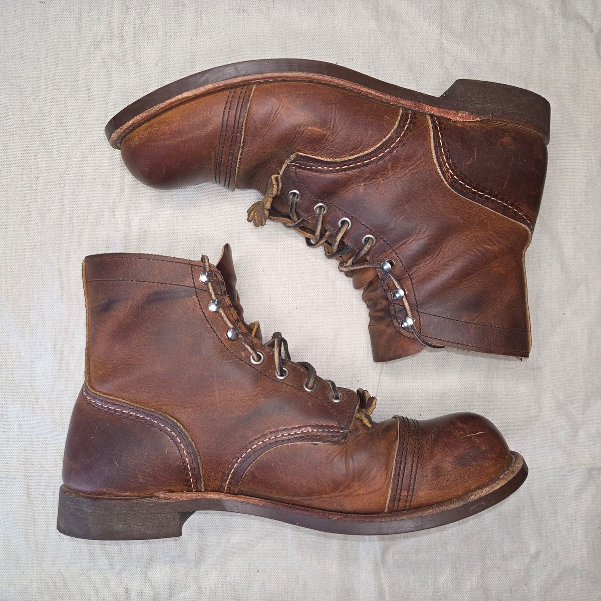 Photo by curtisheinze on April 4, 2026 of the Red Wing Iron Ranger in S.B. Foot Copper Rough and Tough & Horween Orange Predator.