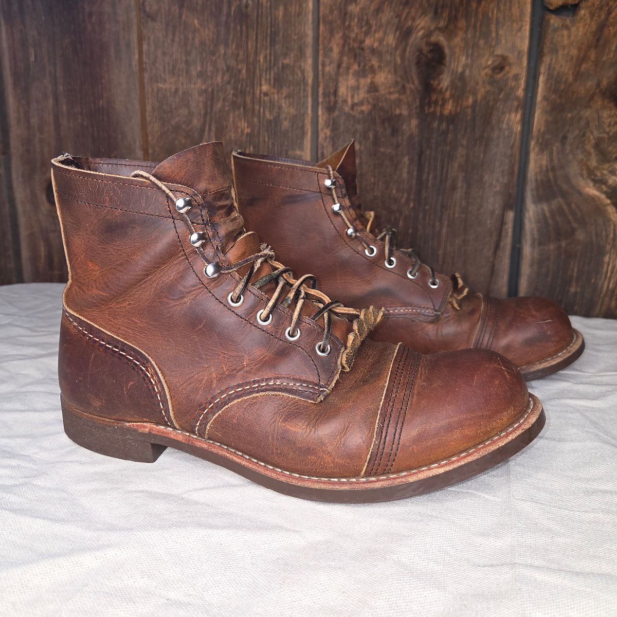 Photo by curtisheinze on April 4, 2026 of the Red Wing Iron Ranger in S.B. Foot Copper Rough and Tough & Horween Orange Predator.