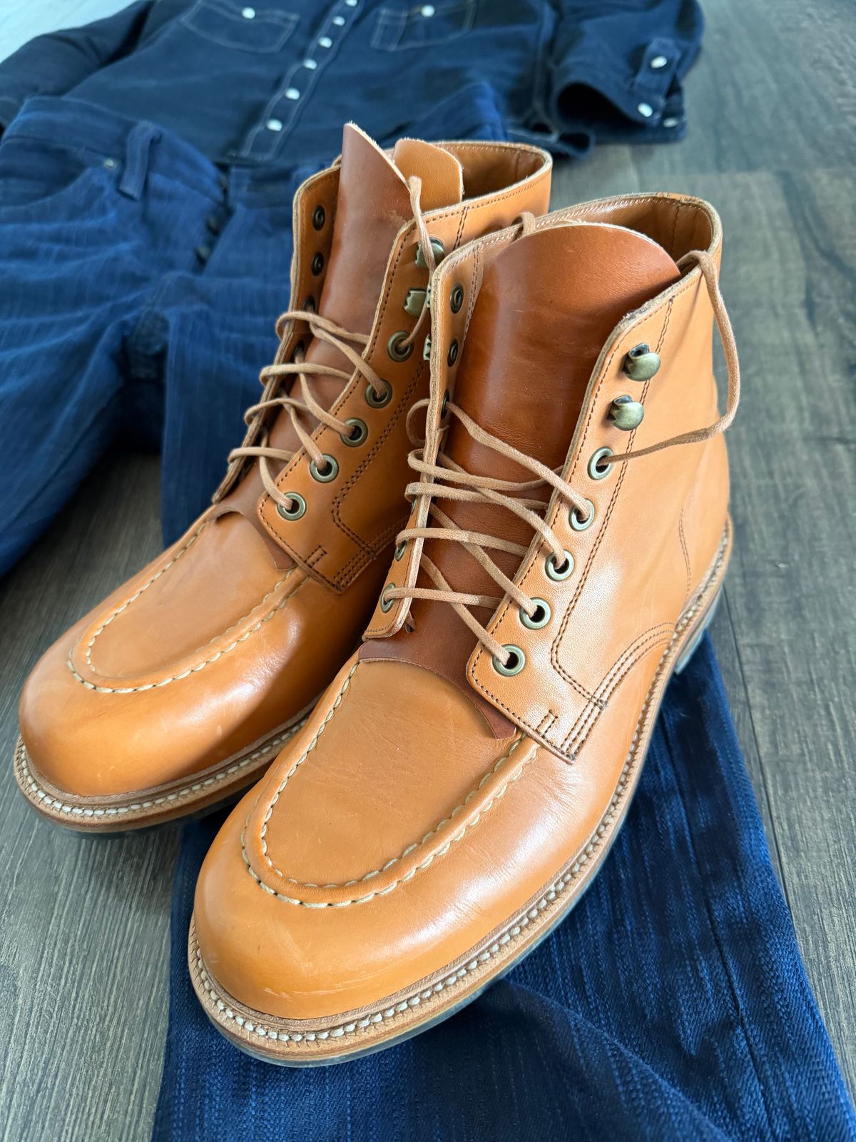 Photo by AJD on January 4, 2026 of the Grant Stone Brass Boot in Horween Tan Essex.