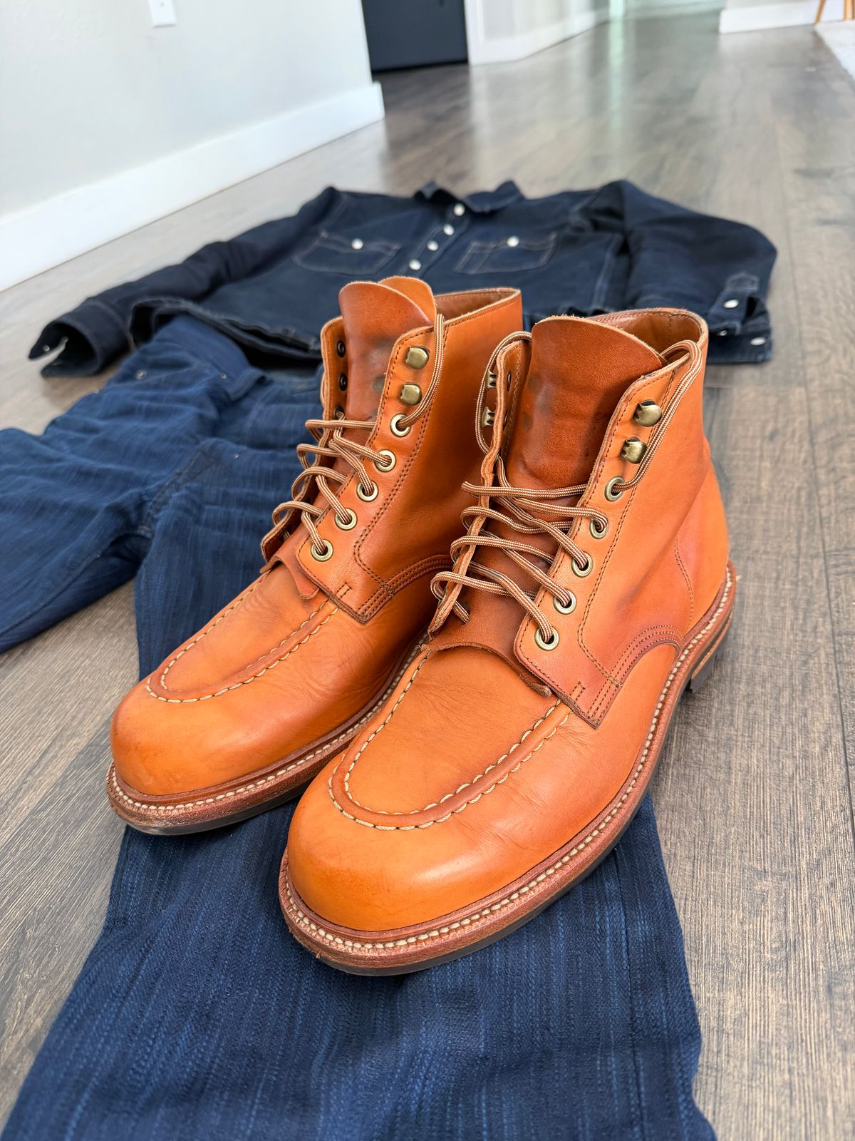 Photo by AJD on March 8, 2026 of the Grant Stone Brass Boot in Horween Tan Essex.