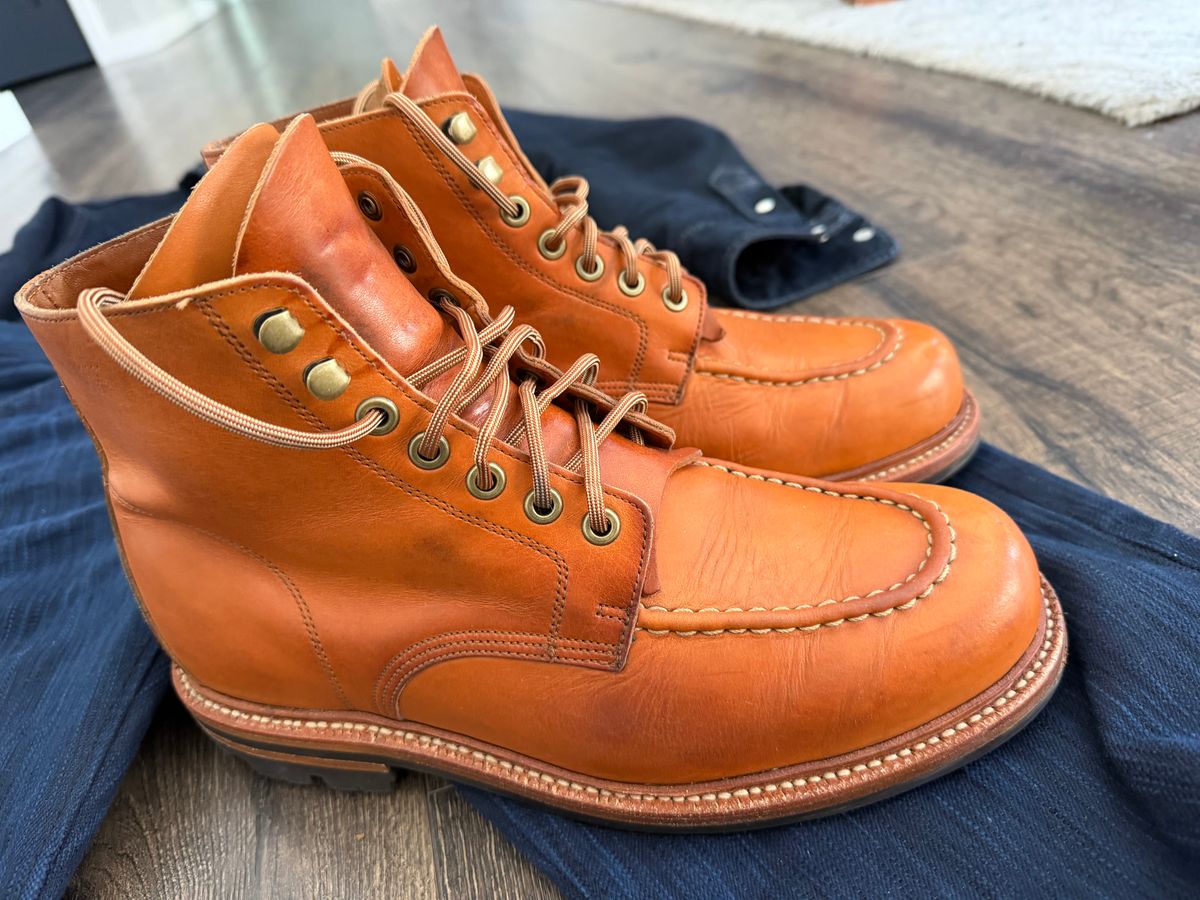 Photo by AJD on March 8, 2026 of the Grant Stone Brass Boot in Horween Tan Essex.