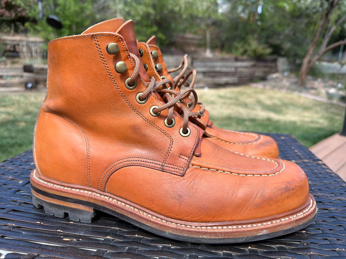 Photo by AJD on April 12, 2026 of the Grant Stone Brass Boot in Horween Tan Essex.