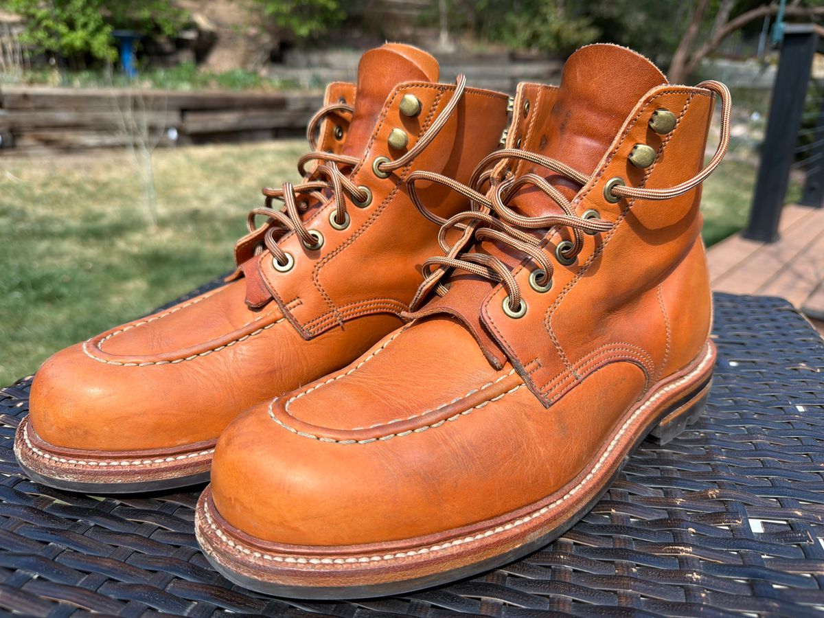Photo by AJD on April 12, 2026 of the Grant Stone Brass Boot in Horween Tan Essex.