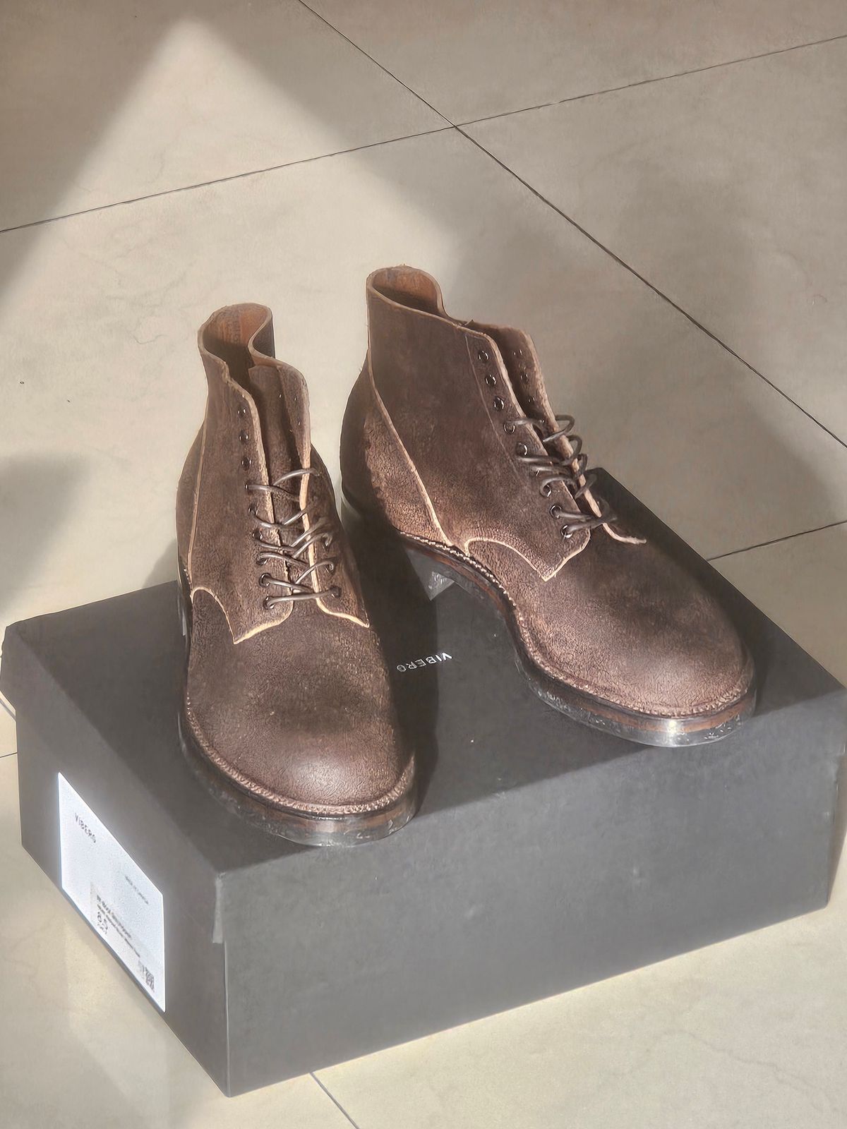 Photo by Tomlin on February 15, 2026 of the Viberg N1 Boot in Washed Brown Waxed Flesh.