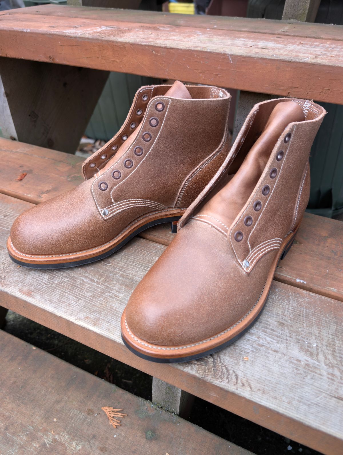 Photo by dghon1 on November 12, 2025 of the Viberg Boondocker in Horween Marine Field Roughout & Horween Natural Chromexcel Roughout.