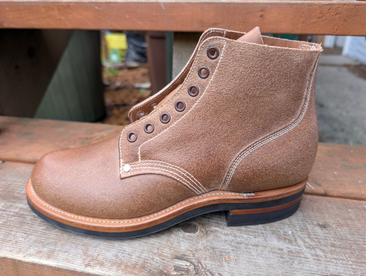 Photo by dghon1 on November 12, 2025 of the Viberg Boondocker in Horween Marine Field Roughout & Horween Natural Chromexcel Roughout.