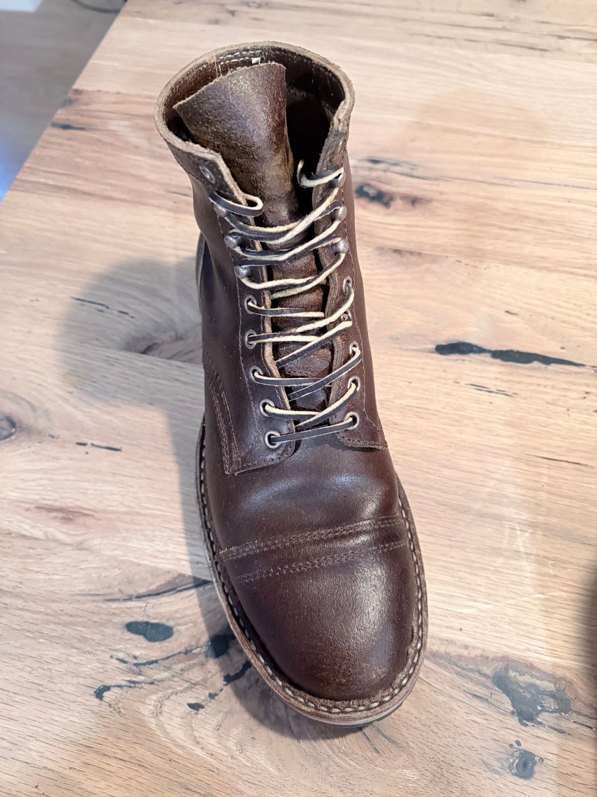 Photo by PeabzZ on March 26, 2026 of the White's MP-Sherman Toe Cap in Horween Cinnamon Waxed Flesh.