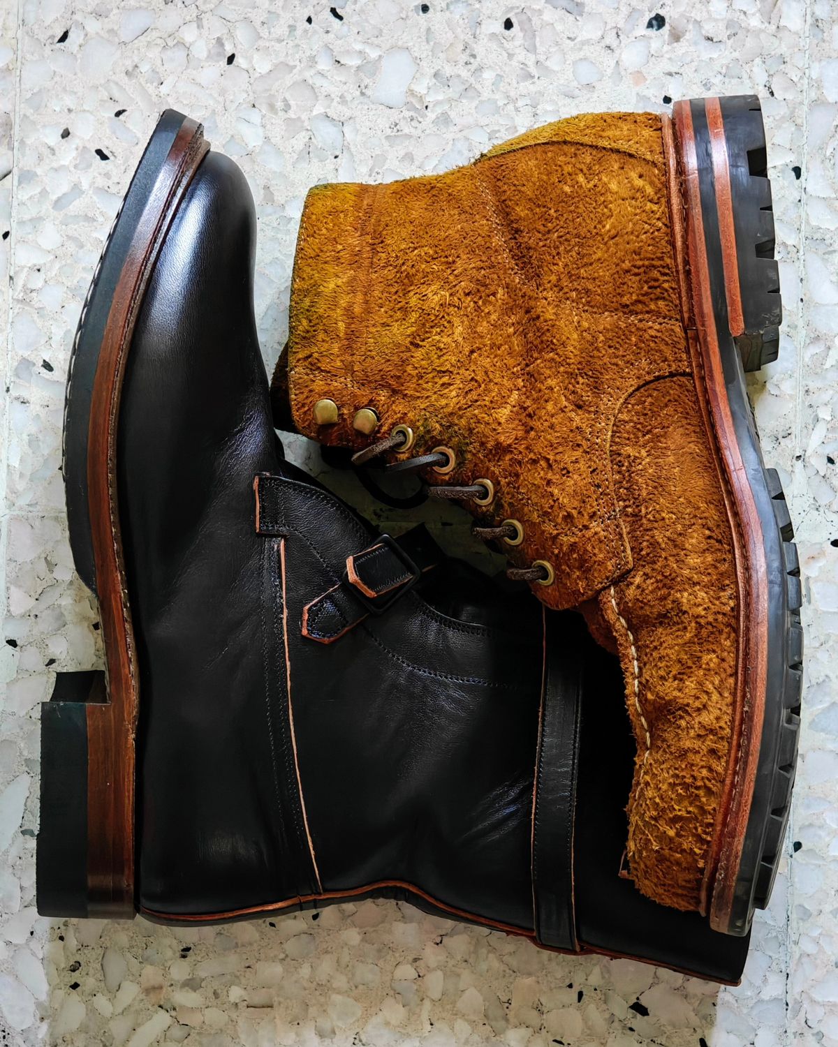 Photo by htepagan on June 11, 2024 of the Grant Stone Brass Boot in C.F. Stead Bronze Rough Mohawk.