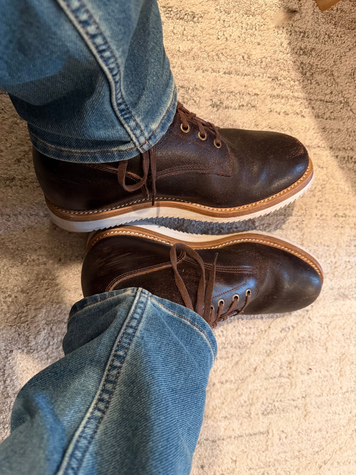 Photo by sorrick on January 4, 2026 of the Caswell Boot Company Eckington in Horween Dark Brown Waxed Flesh.