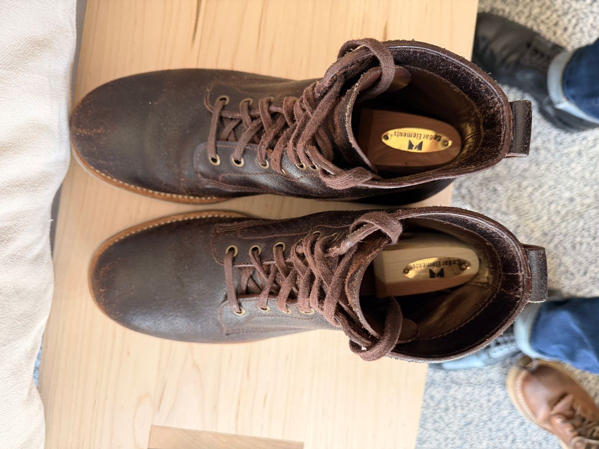 Photo by sorrick on February 4, 2026 of the Caswell Boot Company Eckington in Horween Dark Brown Waxed Flesh.
