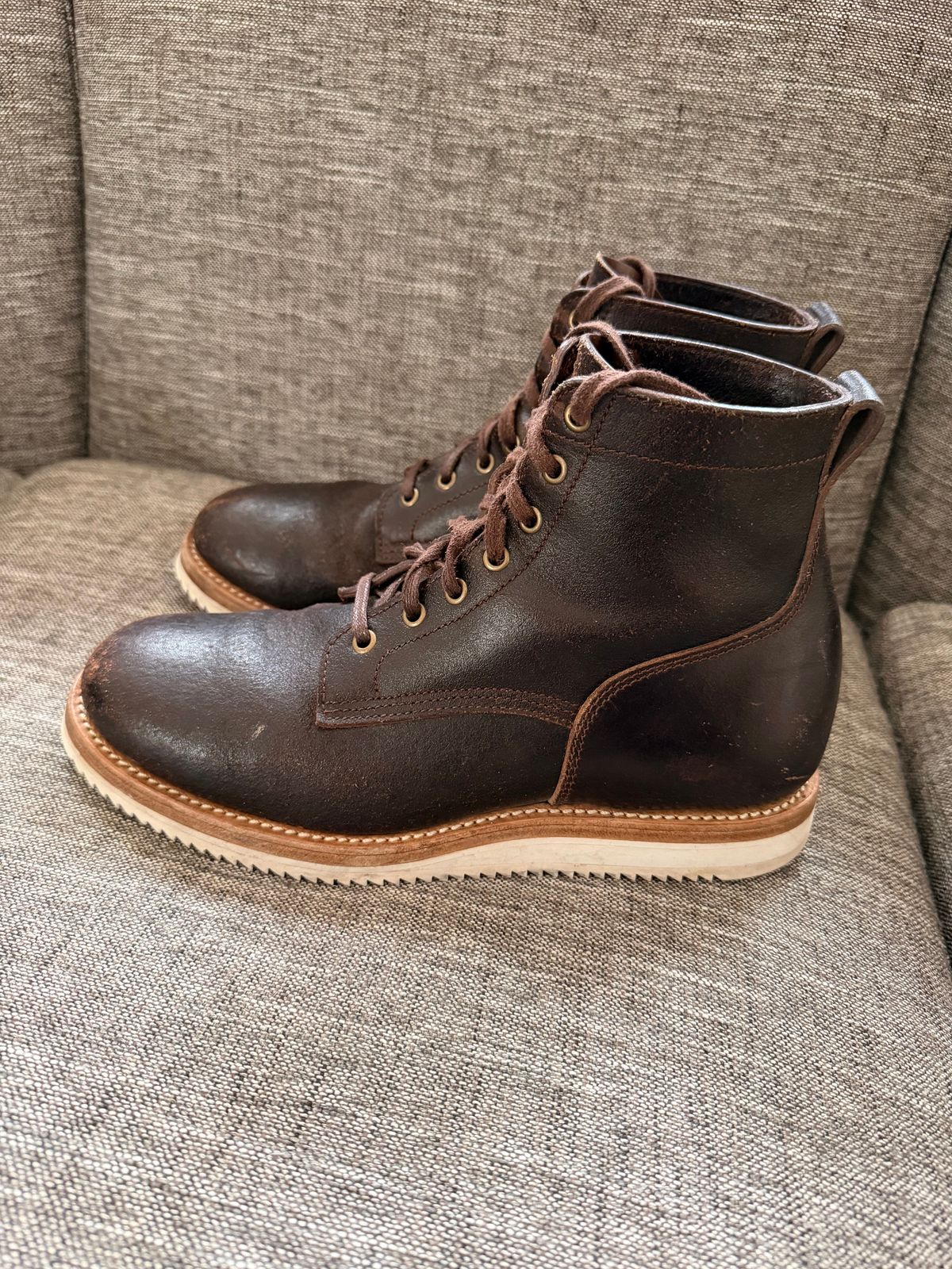 Photo by sorrick on March 5, 2026 of the Caswell Boot Company Eckington in Horween Dark Brown Waxed Flesh.