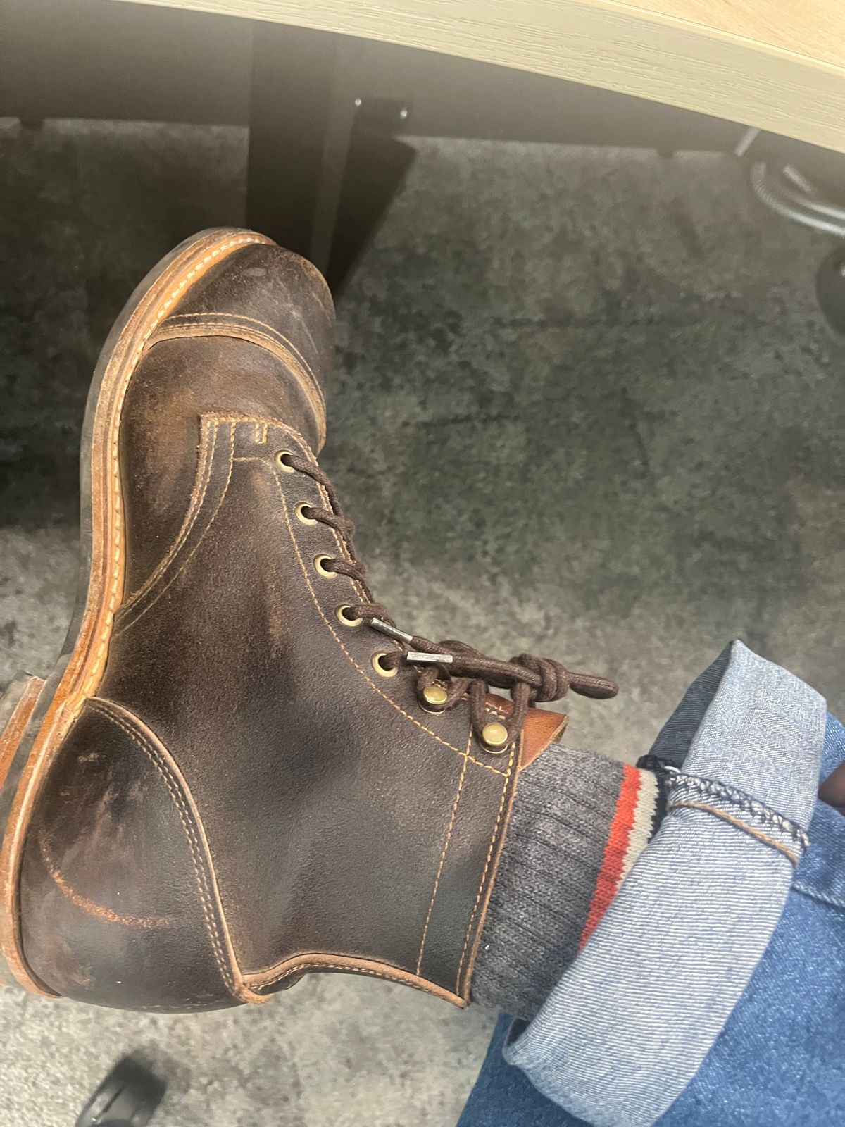 Photo by attaboy_alloy on April 2, 2026 of the Truman Cap Toe Boot in Horween Java Waxed Flesh.