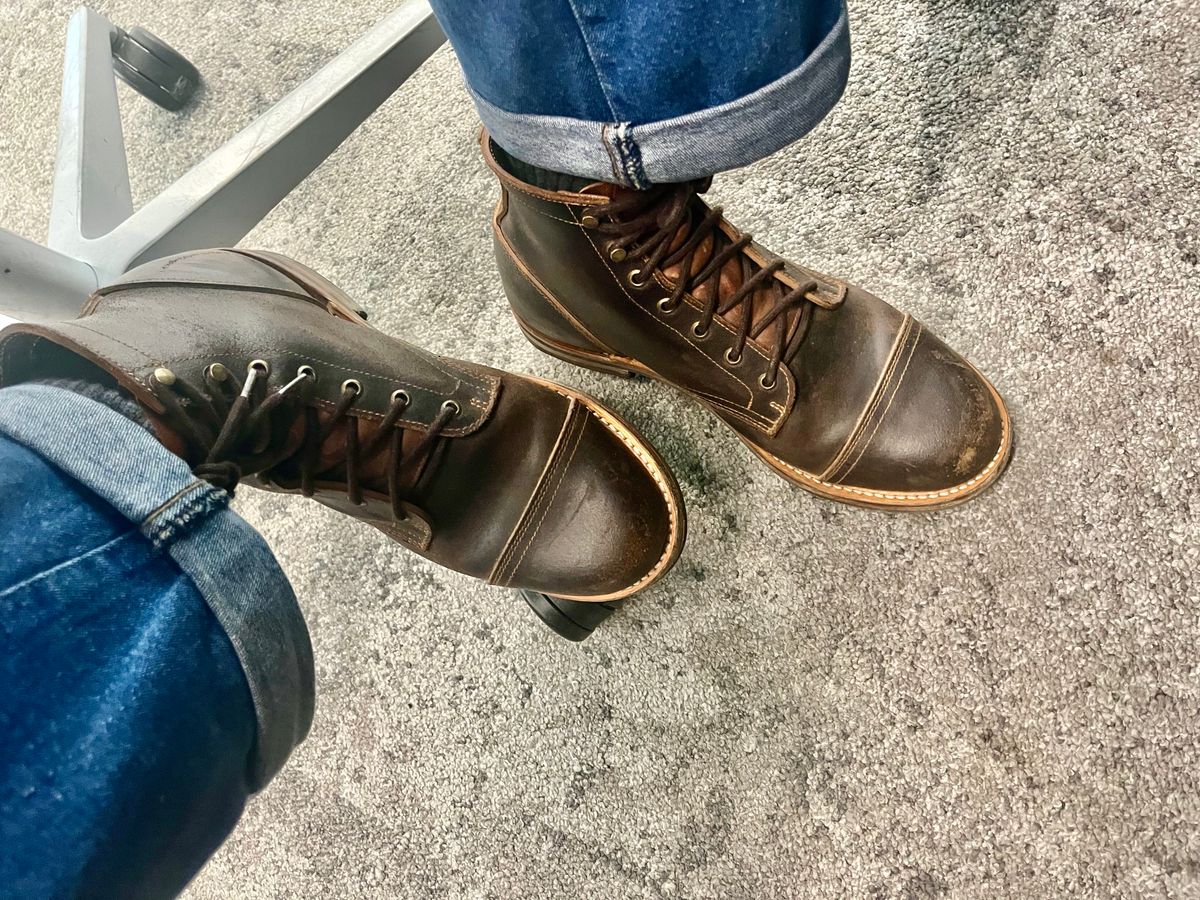 Photo by attaboy_alloy on April 2, 2026 of the Truman Cap Toe Boot in Horween Java Waxed Flesh.