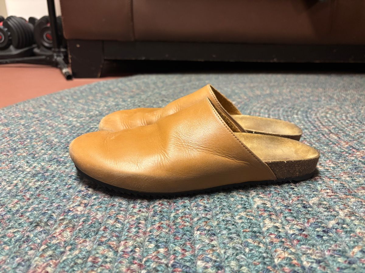 Photo by jacobbingham on December 6, 2025 of the 3sixteen Calf Leather Mules in Natural Calf Leather.