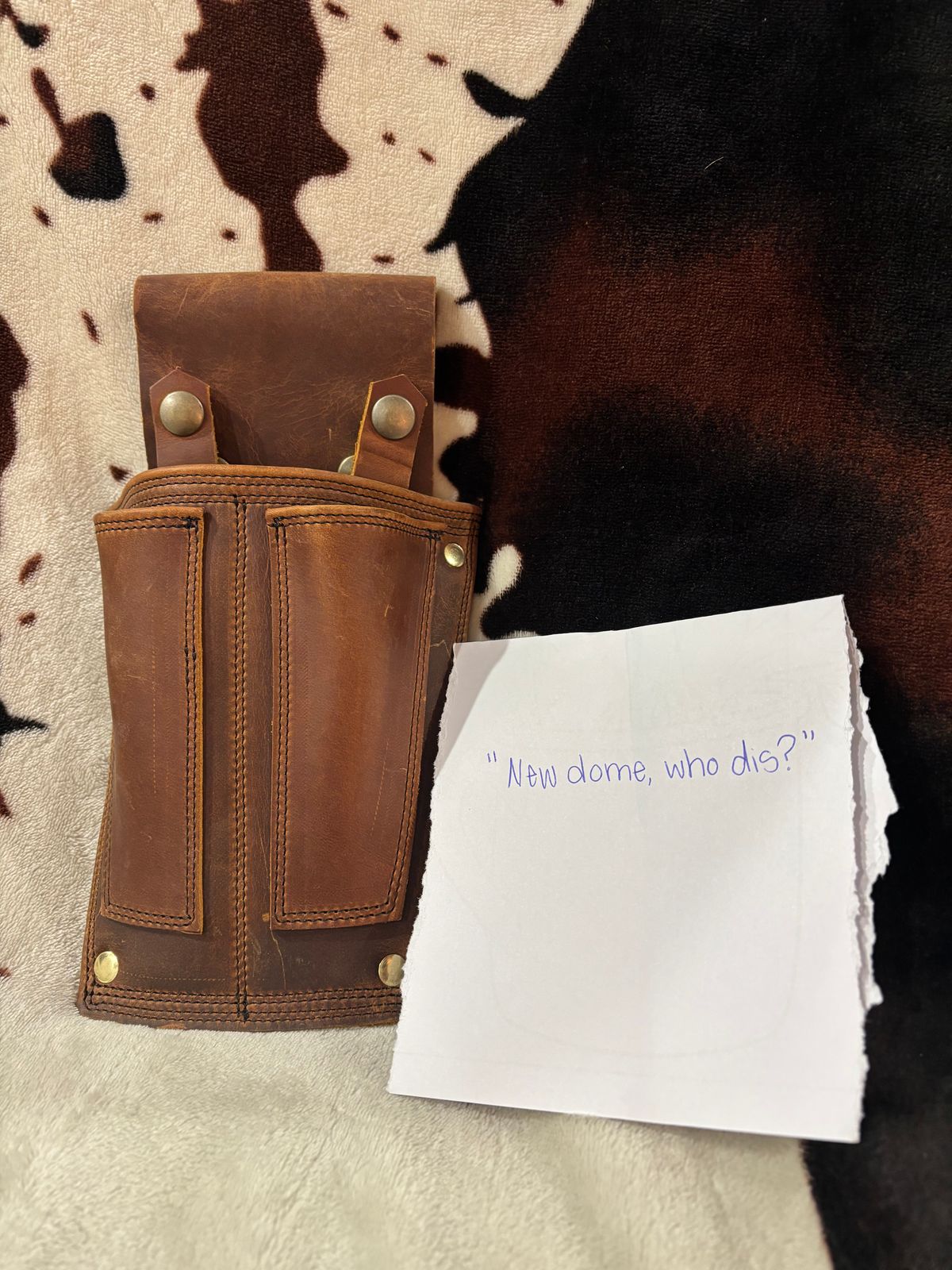 Photo by milezhendricks on October 6, 2025 of the Hubble Creek Boots convertible tool pouch V1 in Horween Cognac Predator.
