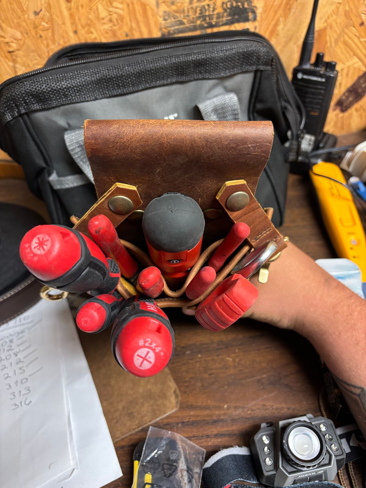 Photo by milezhendricks on October 6, 2025 of the Hubble Creek Boots convertible tool pouch V1 in Horween Cognac Predator.