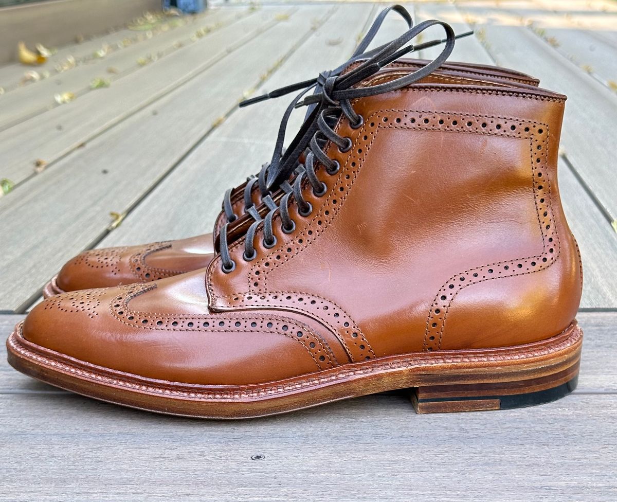 Photo by eschaye on October 3, 2024 of the Alden Short Wing Boot in Dark Tan Calfskin.