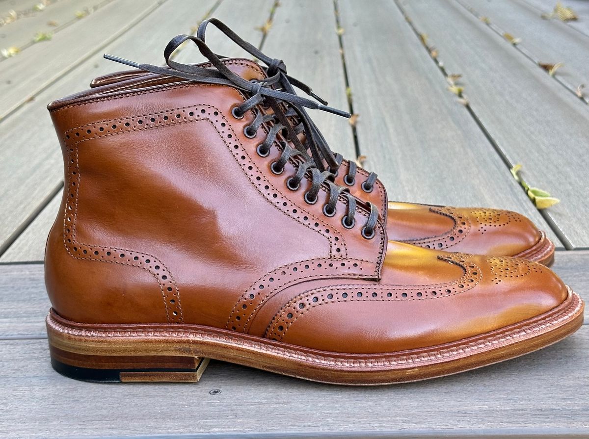 Photo by eschaye on October 3, 2024 of the Alden Short Wing Boot in Dark Tan Calfskin.