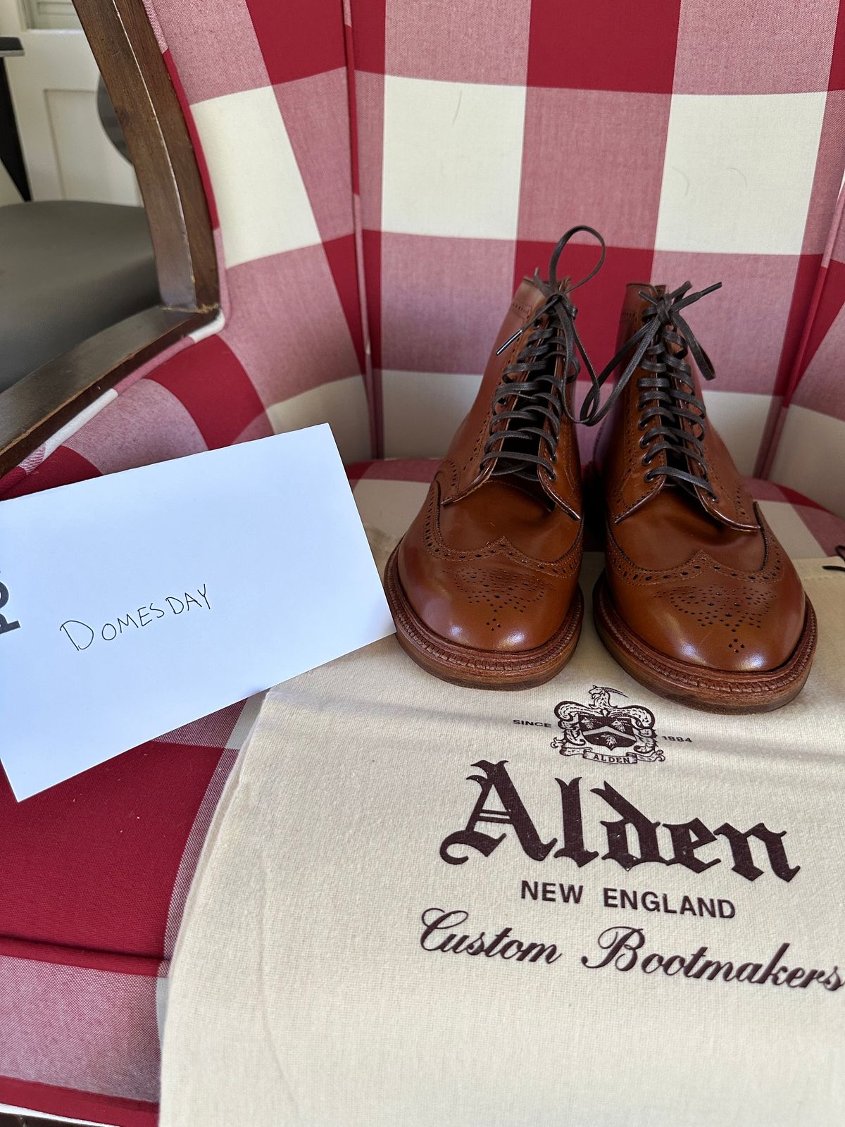 Photo by eschaye on October 3, 2024 of the Alden Short Wing Boot in Dark Tan Calfskin.