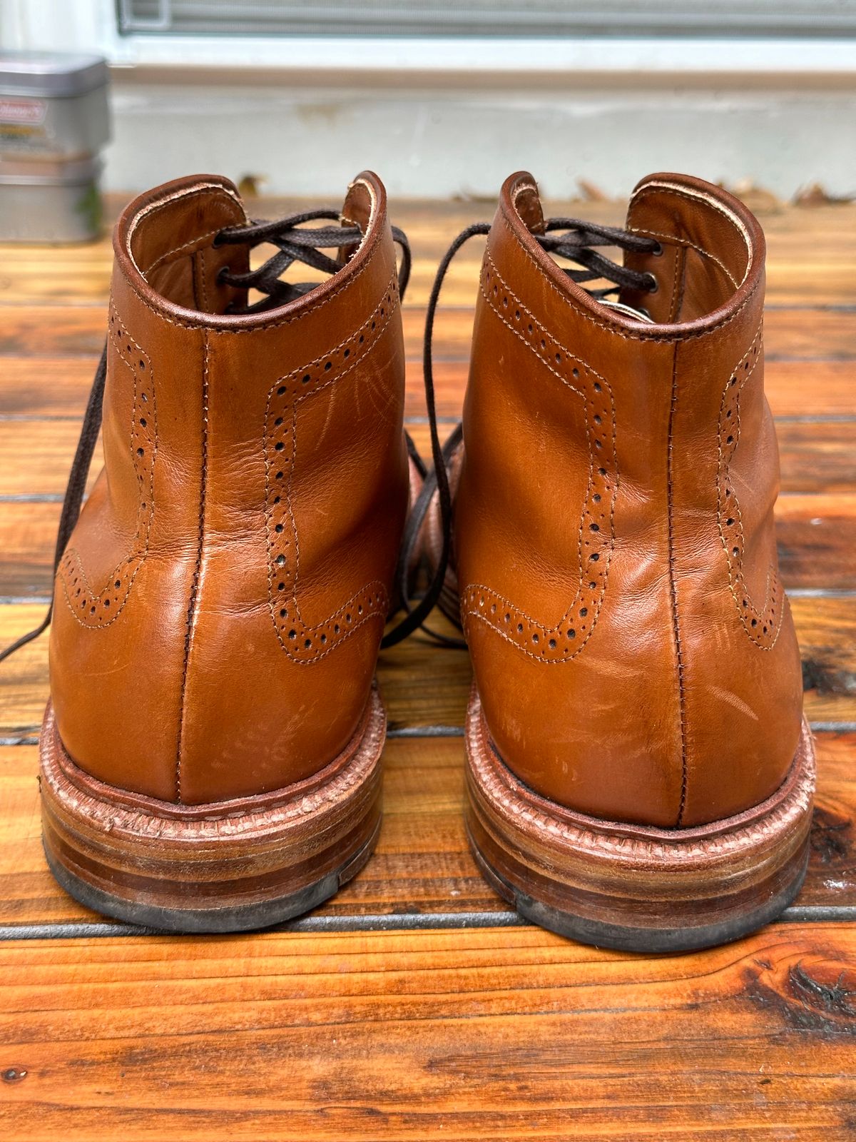 Photo by eschaye on November 1, 2024 of the Alden Short Wing Boot in Dark Tan Calfskin.