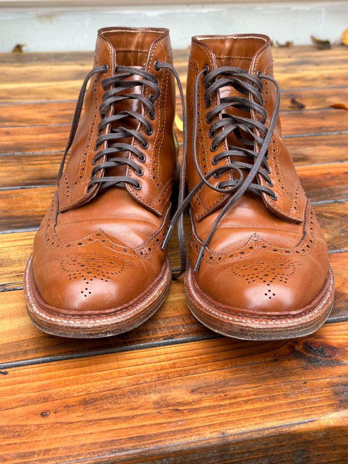 Photo by eschaye on November 1, 2024 of the Alden Short Wing Boot in Dark Tan Calfskin.