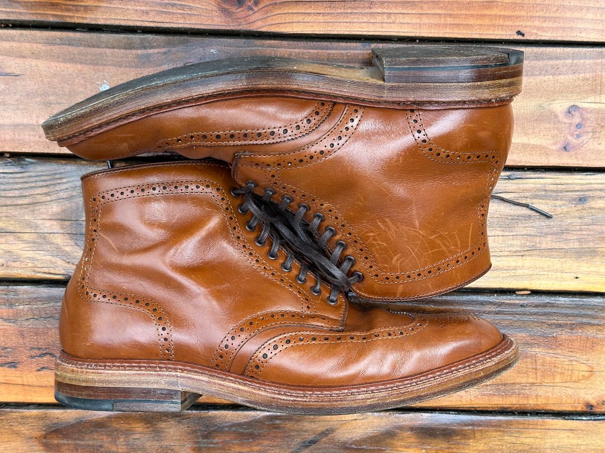 Photo by eschaye on November 1, 2024 of the Alden Short Wing Boot in Dark Tan Calfskin.