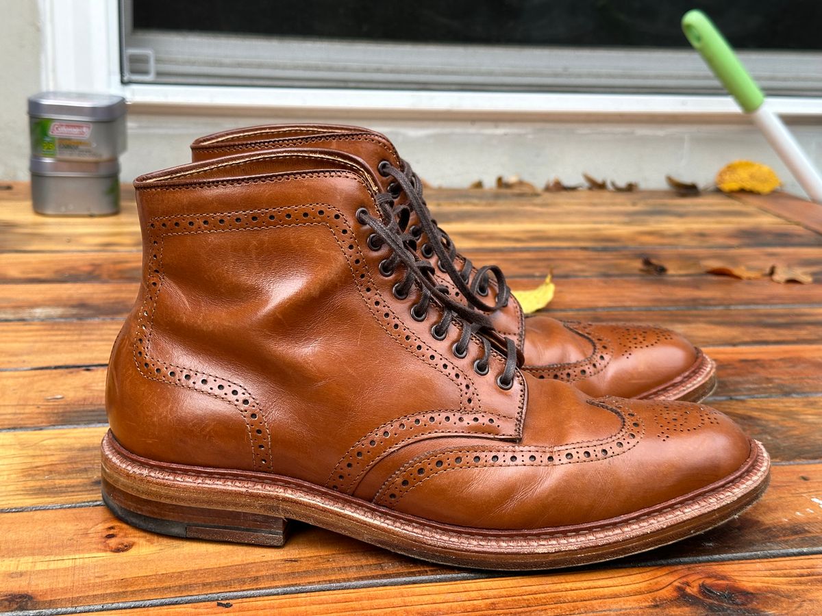 Photo by eschaye on November 1, 2024 of the Alden Short Wing Boot in Dark Tan Calfskin.