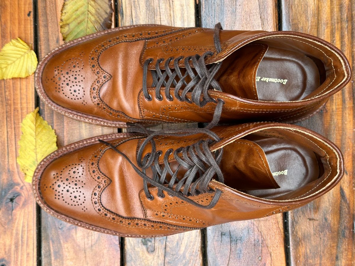 Photo by eschaye on November 1, 2024 of the Alden Short Wing Boot in Dark Tan Calfskin.