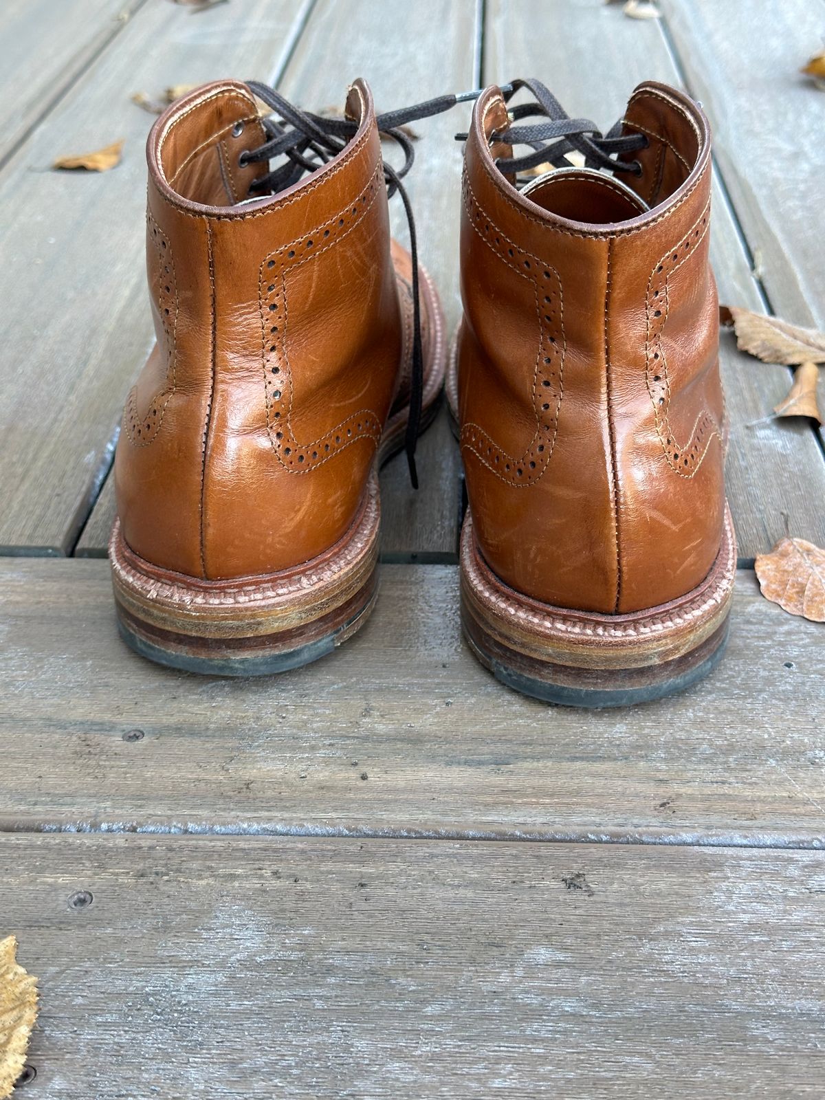 Photo by eschaye on December 5, 2024 of the Alden Short Wing Boot in Dark Tan Calfskin.