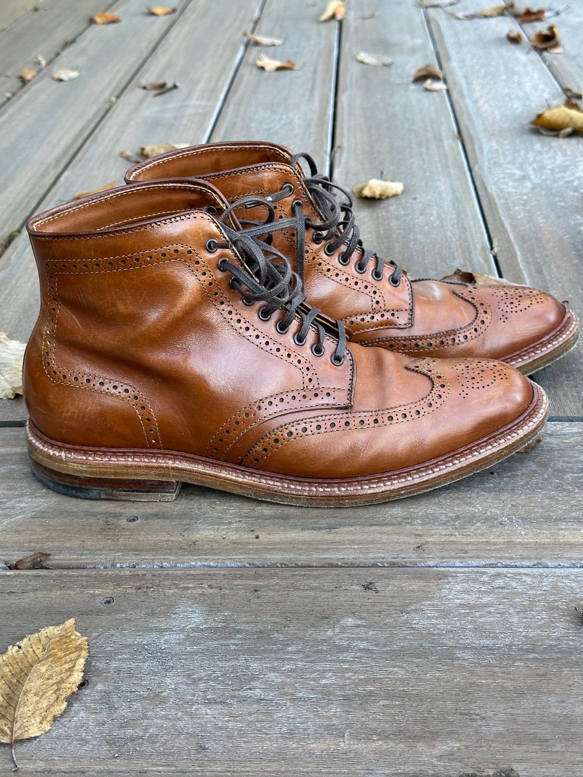 Photo by eschaye on December 5, 2024 of the Alden Short Wing Boot in Dark Tan Calfskin.