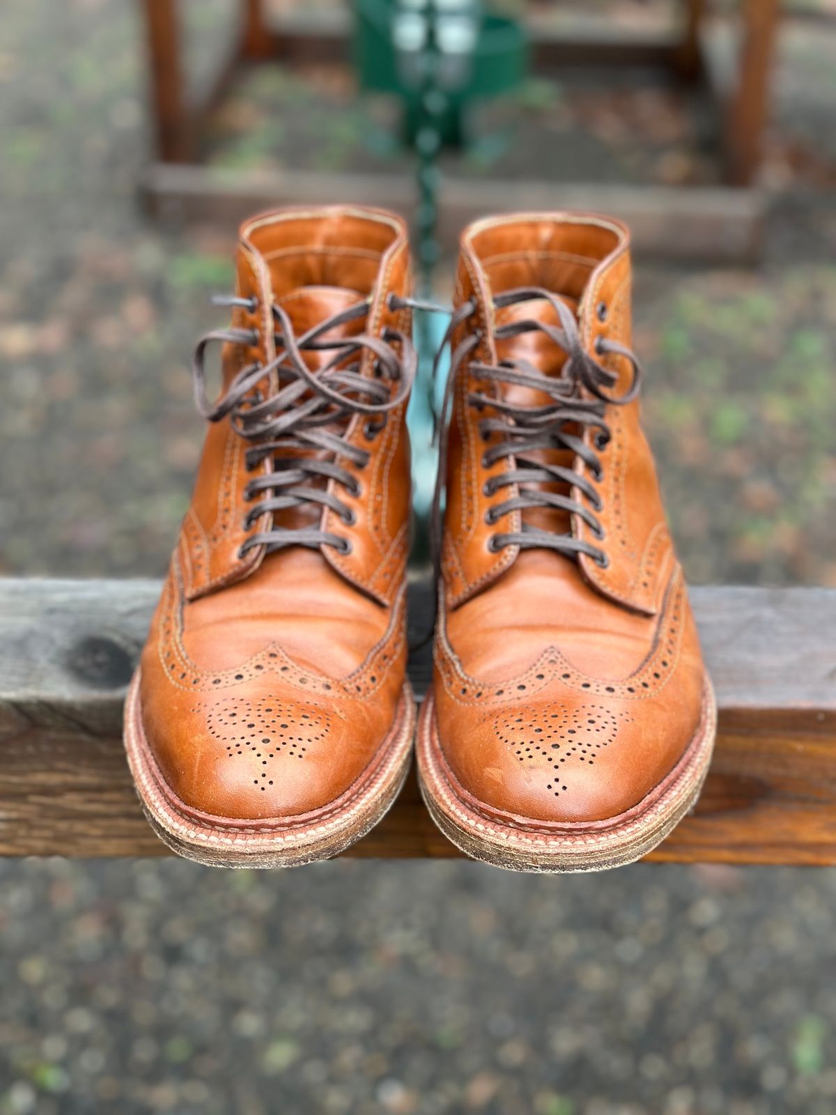 Photo by eschaye on January 5, 2025 of the Alden Short Wing Boot in Dark Tan Calfskin.