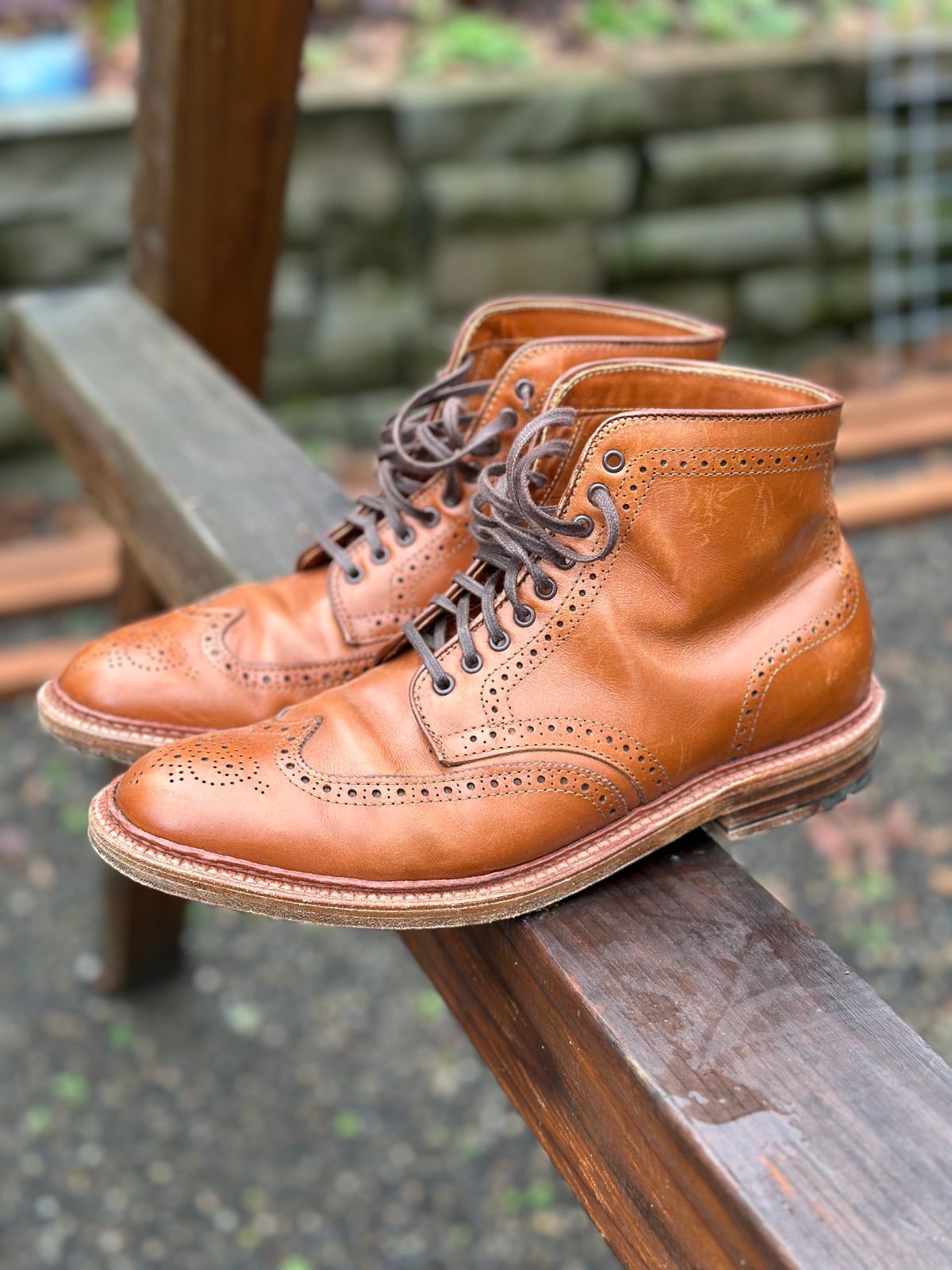 Photo by eschaye on January 5, 2025 of the Alden Short Wing Boot in Dark Tan Calfskin.