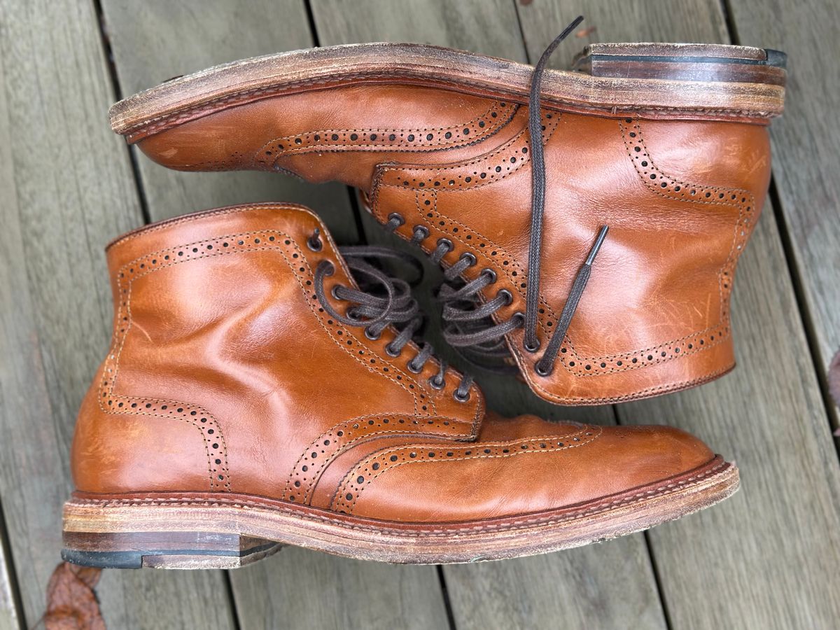 Photo by eschaye on January 5, 2025 of the Alden Short Wing Boot in Dark Tan Calfskin.