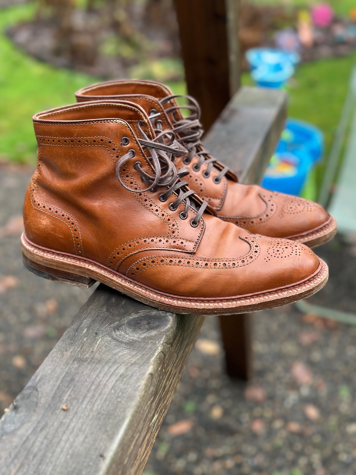 Photo by eschaye on January 5, 2025 of the Alden Short Wing Boot in Dark Tan Calfskin.