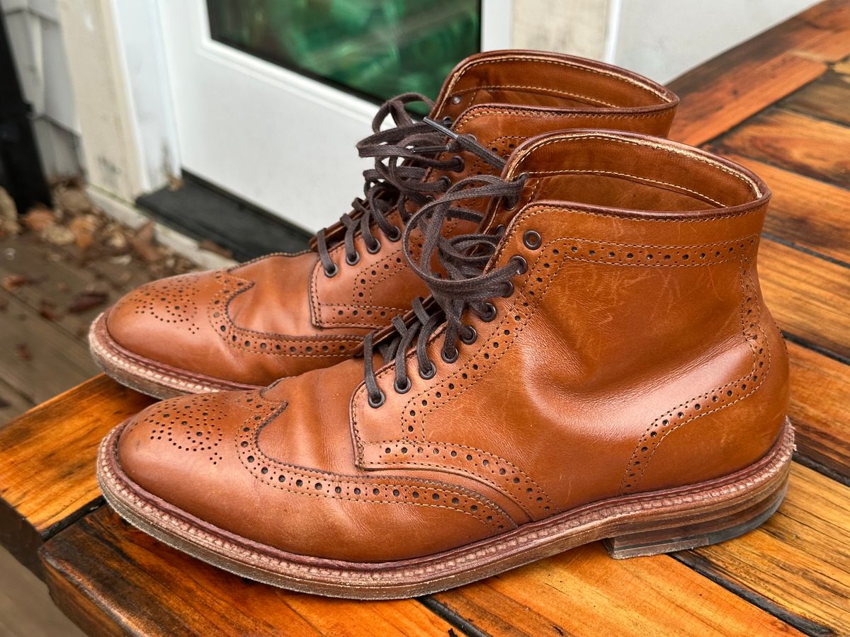 Photo by eschaye on February 6, 2025 of the Alden Short Wing Boot in Dark Tan Calfskin.