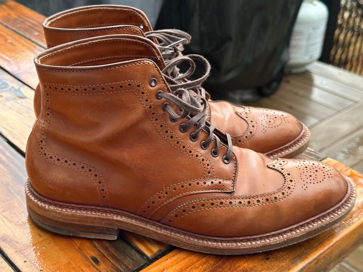 Photo by eschaye on February 6, 2025 of the Alden Short Wing Boot in Dark Tan Calfskin.