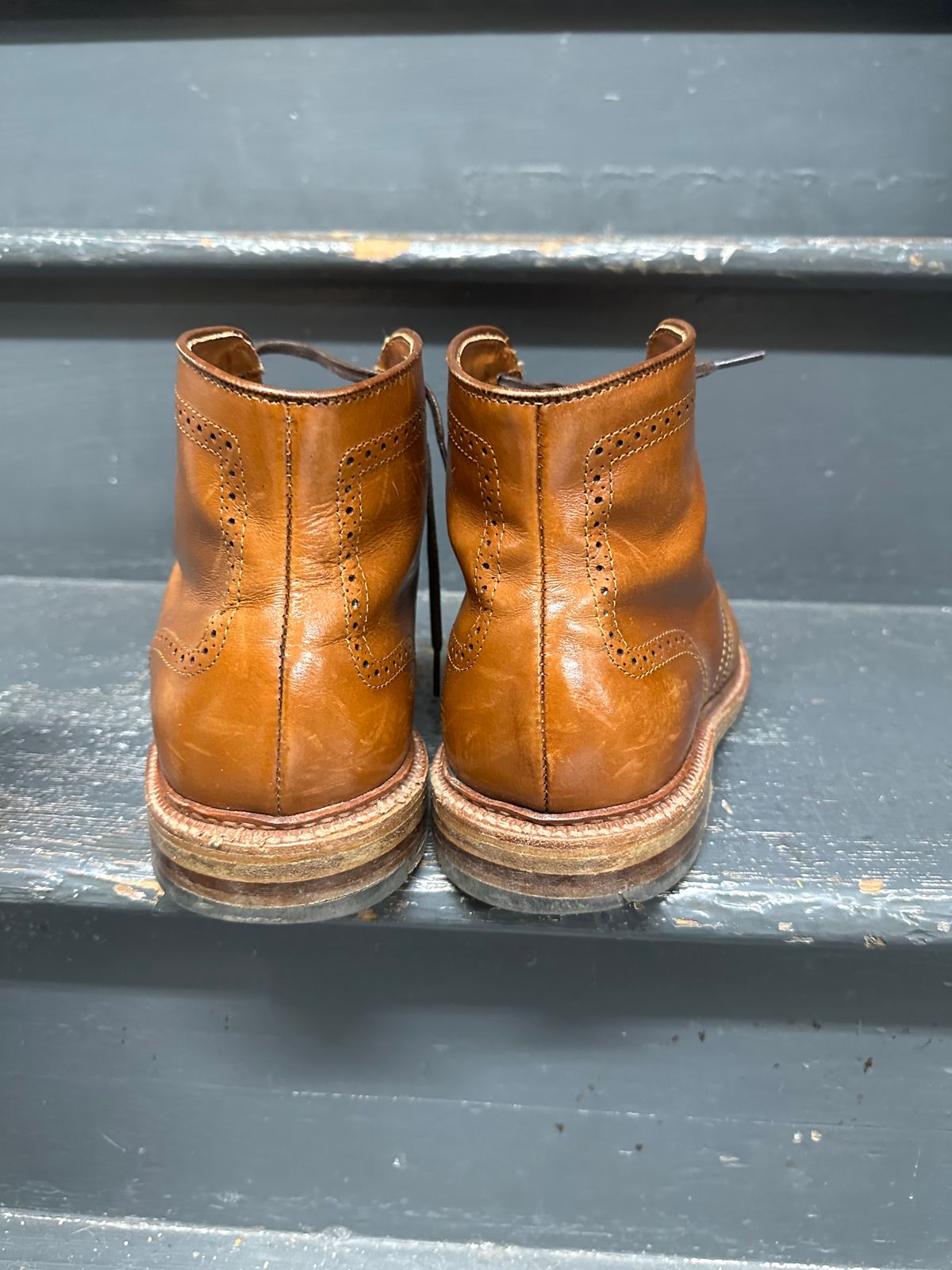 Photo by eschaye on March 6, 2025 of the Alden Short Wing Boot in Dark Tan Calfskin.
