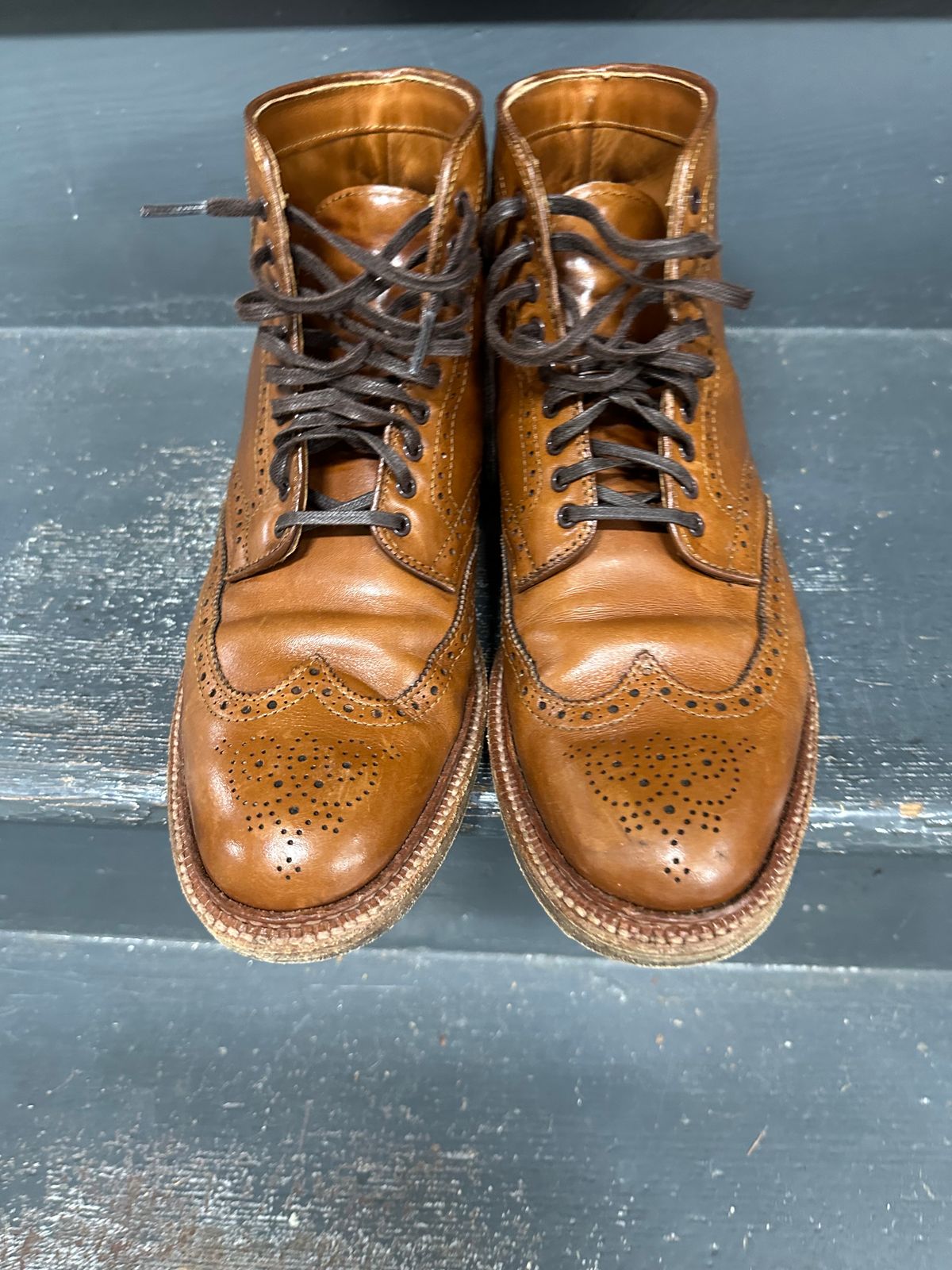 Photo by eschaye on March 6, 2025 of the Alden Short Wing Boot in Dark Tan Calfskin.