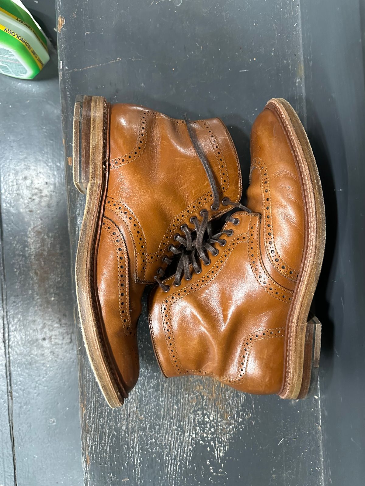 Photo by eschaye on March 6, 2025 of the Alden Short Wing Boot in Dark Tan Calfskin.