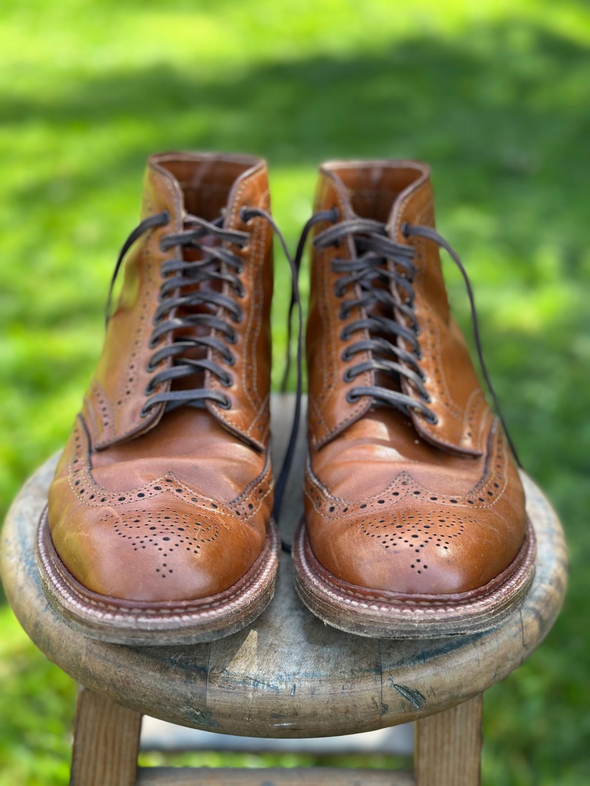 Photo by eschaye on April 4, 2025 of the Alden Short Wing Boot in Dark Tan Calfskin.