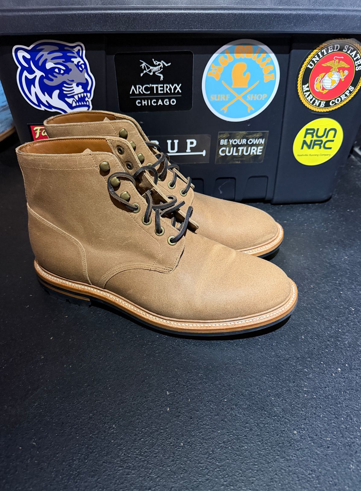 Photo by Michael on November 18, 2025 of the Grant Stone Diesel Boot in C.F. Stead Natural Waxy Commander Suede.